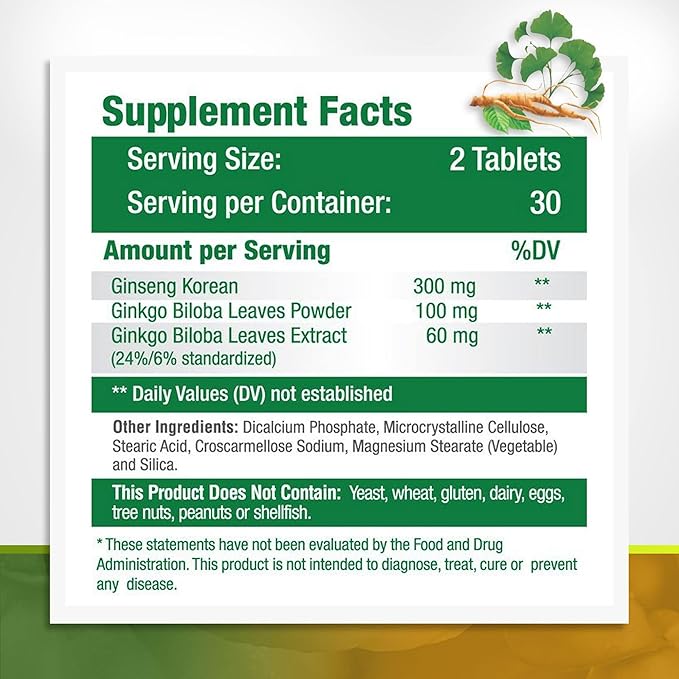 Ginko Biloba & Panax Ginseng Supplement - Red Ginseng Brain Supplement for Memory and Focus - Ginkgo Biloba Supplements for Good Vision, Immune System and Improved Blood Flow - 120 Tablets