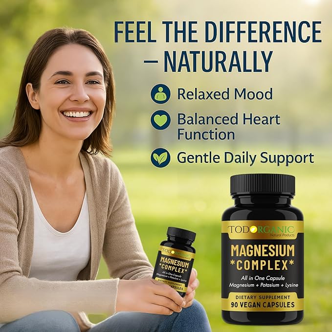 Todorganic Magnesium Citrate, Potassium Citrate and Lysine for Enhanced Leg Cramp Relief and Restful Sleep | Vegan Potassium Magnesium Supplement | 90 Capsules with High-Absorption