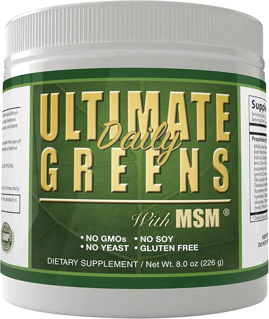 Ultimate Greens with MSM Powder, Vegan Friendly Natural Ingredients Gluten Soy Free NO GMO Superfood Vegetable Nutritional Drink Alkalizing Energy 8oz 1 Pack (1 Month Supply)