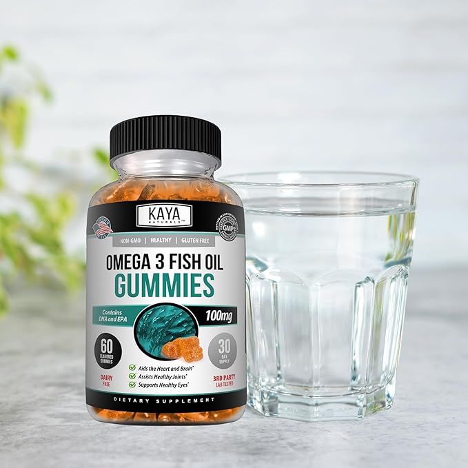 Kaya Naturals Omega 3 Fish Oil Gummies -Fish Oil Supplement with EPA & DHA Fatty Acids - Helps Support Brain, Eye, Heart Health & Immune Support - Non-GMO - 60 Count
