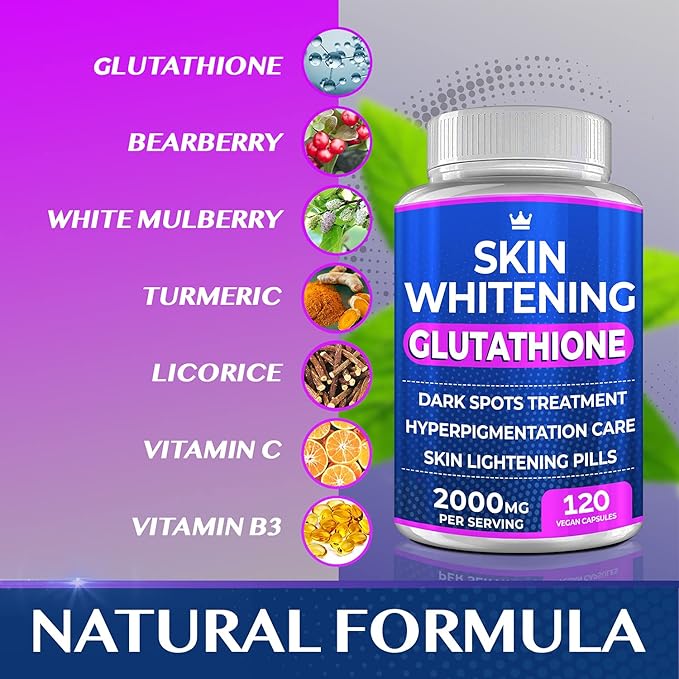 Glutathione Whitening Pills - 120 Capsules 2000mg Glutathione - Effective Skin Lightening Supplement - Dark Spots, Melasma & Acne Scar Remover, Hyperpigmentation Treatment - Anti-Aging Antioxidant