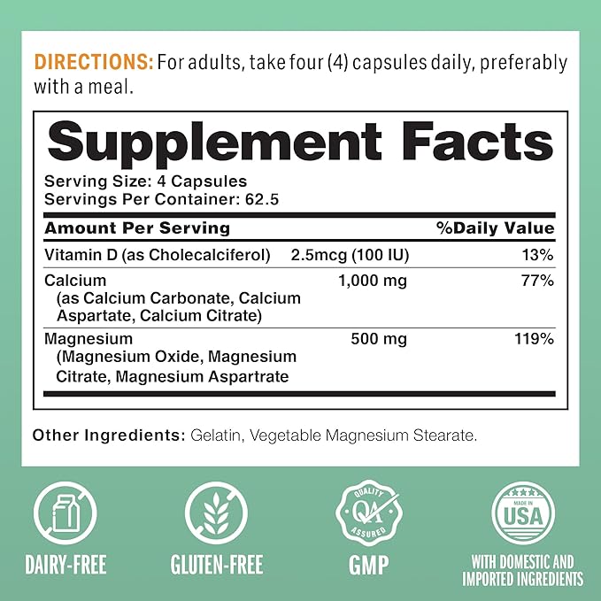 Vitamin World Calcium Magnesium with Vitamin D3, Bone Health, Muscle & Nerve Function Support, with Calcium 1000mg, Magnesium 500mg, Rapid-Release, Gluten & Dairy Free, 250 Capsules