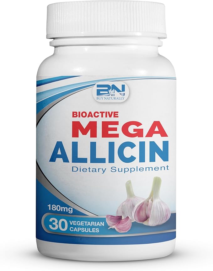 100% Pure Stabilized Allicin from Garlic, Odor-Controlled by Mega Allicin | 180,000mcg (180mg) Vegetarian (vCAPS) Non-GMO, Gluten-Free | Derived from Allium Sativum (30 Count)