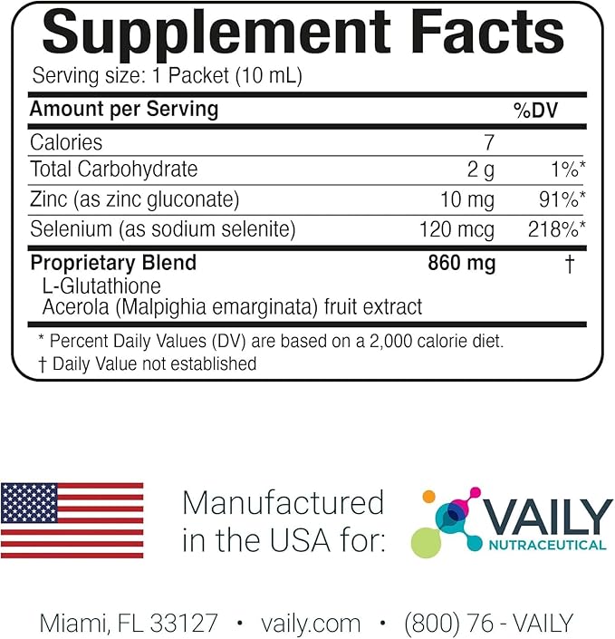 Immune Support Supplement for Adults - Liquid Glutathione Supplement 500 mg w/Acerola Vitamin C Zinc & Selenium - High Potency Antioxidant, Skin Health, Detox Every Day - 30 Single-dose Vials