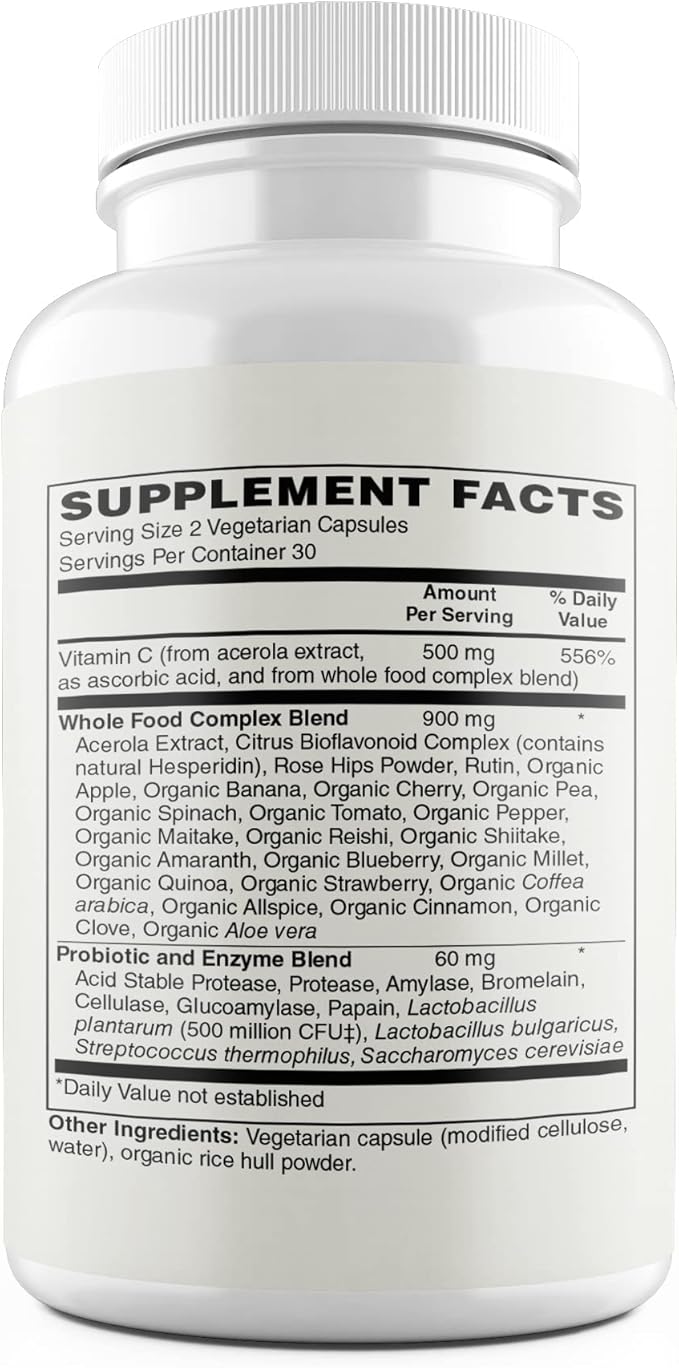 Vitamin C | 500mg Whole Food Vitamin C from Acerola Cherry Extract with Citrus Bioflavonoid Complex | 23 Organic Fruits & Vegetables Blend | Probiotics and Enzymes | 60 Vegan Capsules