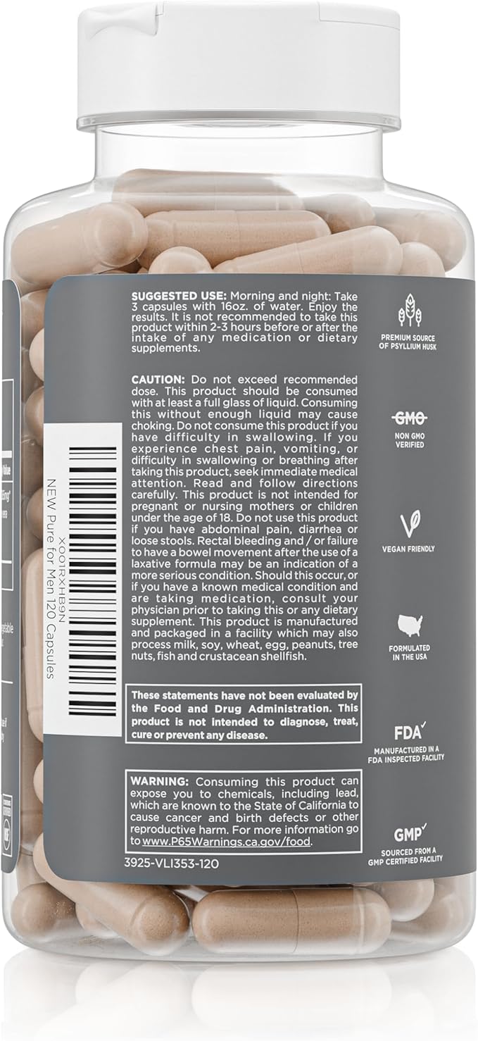 Pure for Men Original Vegan Cleanliness Stay Ready Fiber Supplement | Helps Promote Digestive Regularity | Psyllium Husk, Aloe Vera, Chia Seeds, Flaxseeds | Proprietary Formula | 120 Vegan Capsules