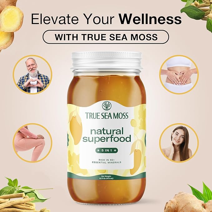 TrueSeaMoss Sea Moss Gel – Made in USA – 5-in-1 Formula – Wildcrafted Seamoss, Ashwagandha & Sea Vegetables – Ashwagandha, Pack of 5 (Labels may Vary)