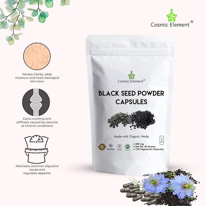 100% Pure Black Seed Powder Capsules Organic - Vegan Nigella Sativa 450mg Black Cumin Seeds per Serving for Health - 120 Capsules