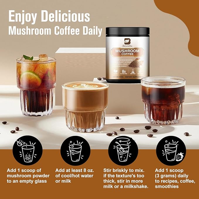 Mushroom Coffee - Lions Mane Mushroom Powder Instant Coffee with Lion's Mane, Reishi, Chaga, Cordyceps, and Turkey Tail - Mushroom Coffee Alternative for Energy,Focus, Brain Booster - Chocolate