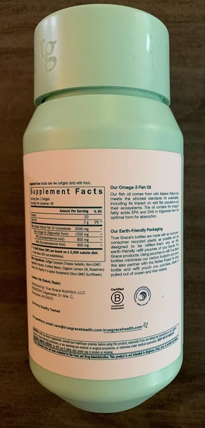 True Grace Omega-3 Fish Oil - 120 Softgels - 1400 mg EPA + DHA - Brain, Heart, Joint & Immune Health - Organic, Gluten Free, Soy Free