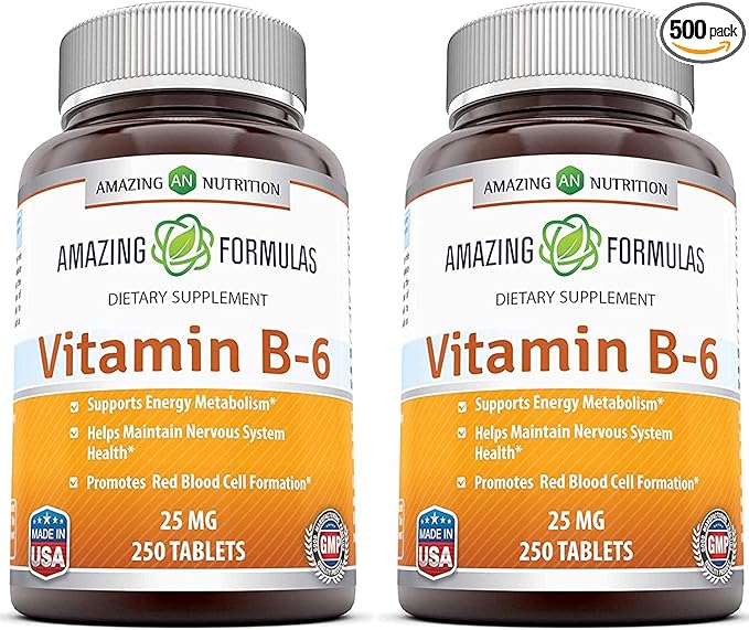 Amazing Formulas Vitamin B6 Pyridoxine 25mg 250 Tablets Supplement | Non-GMO | Gluten Free | Made in USA (2 Pack)