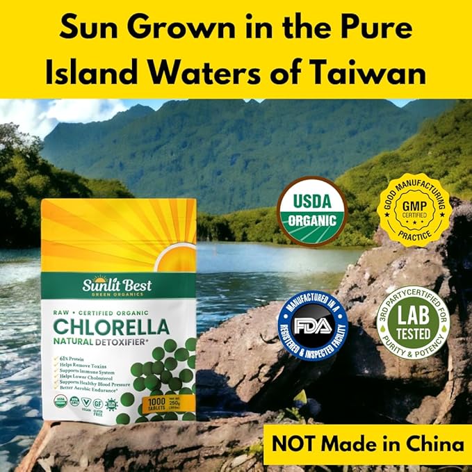 Sunlit Organic Chlorella Tablets for Natural & Full Body Cleanser 500 Count - Supplement Supports Your Gut Health, Immune System & Energy Level, High in Protein, Chlorophyll, Vitamins and Minerals