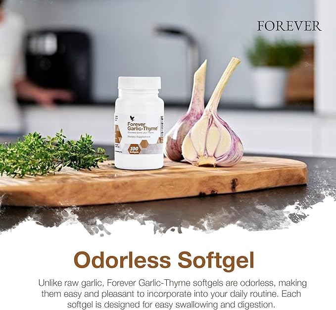 Forever Living - Forever Garlic-Thyme - Cardiovascular & Immune Support with 10mg Garlic Extract & 50mg Thyme Leaf Powder - Odorless Softgel, Gluten-Free - 100 Softgels