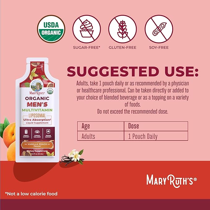 MaryRuth Organics Multivitamin for Men | USDA Organic | Sugar Free Mens Multivitamin Liposomal | Liquid Vitamins for Men | Immune Support Supplement & Overall Wellness | Vegan | 14-0.5 Fl Oz Pouches