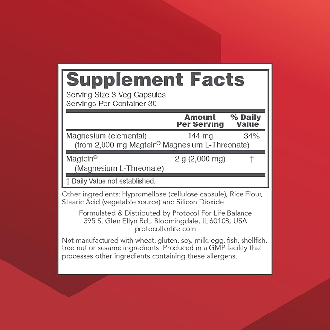 PROTOCOL FOR LIFE BALANCE Magtein - 2,000mg Magnesium L-Threonate Magtein - Support Brain Focus & Memory Health - Kosher & Non-GMO - 90 Veg Capsules