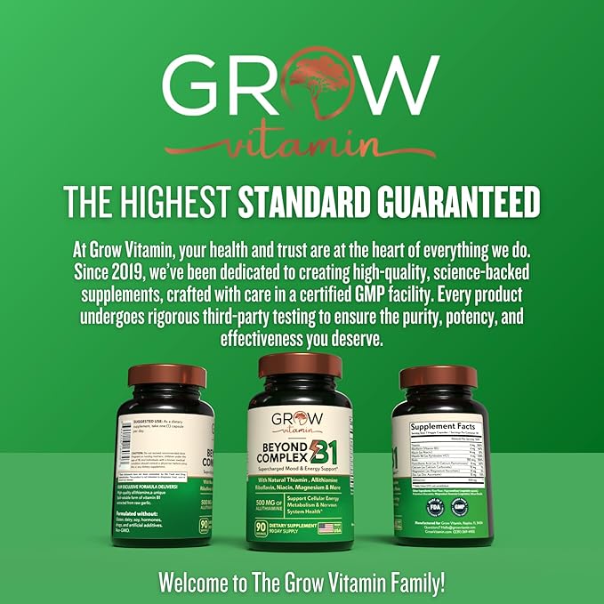 grow vitamin Beyond B1 Complex - Allithiamine Natural Vitamin B1 Supplement with Essential B-Vitamins, Thiamin, Niacin, Biotin, Magnesium & More - Supports Energy, Mood & Nervous System - 90 Capsules