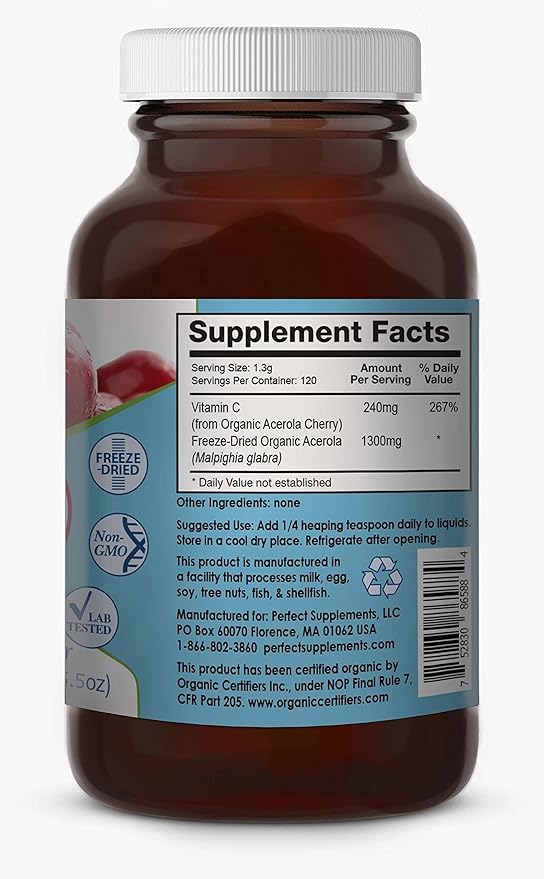 Perfect Supplements – Perfect Acerola Powder – 156 Grams – 100% Pure Acerola Cherry – All-Natural Vitamin C Superfood – Immune System Support