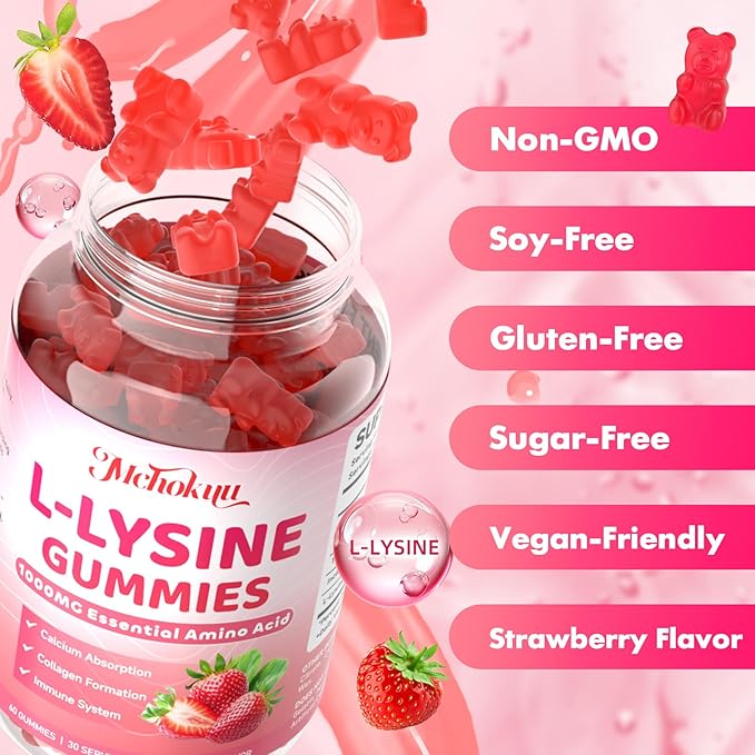 L-Lysine 1000mg Gummies, Chewable Lysine Supplement for Adults & Kids Immune Support, Essential Amino Acid, Vegetarian, Non-GMO, Sugar-Free, Gluten Free, Strawberry Flavor, 60 Counts