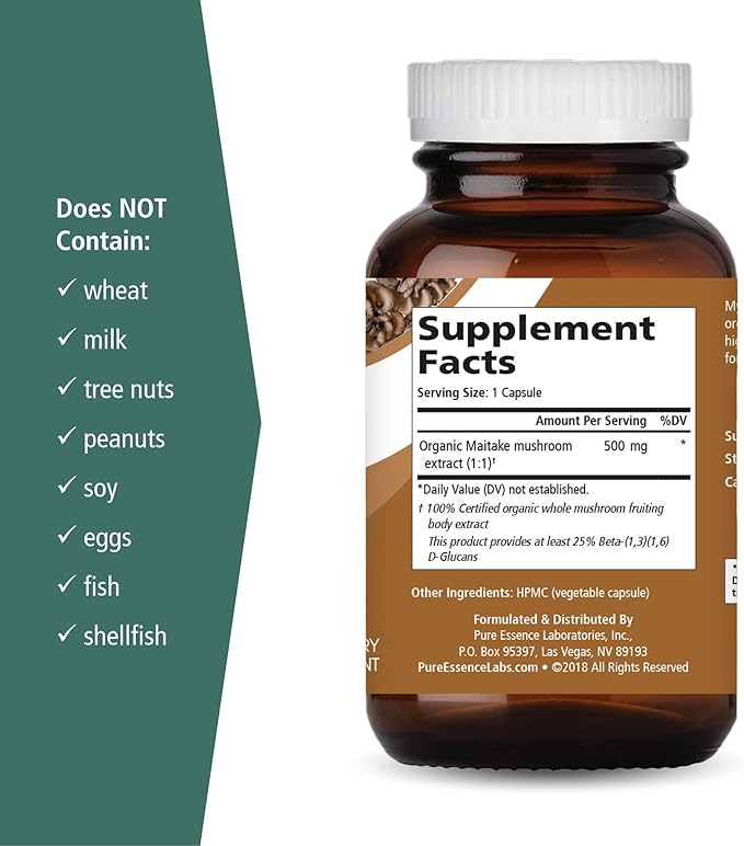 PURE ESSENCE LABS MyPure Maitake Mushrooms - Mushroom Powder Supplement for Immune System Support, Stress Relief, Build Energy, Strength Booster for Men & Women - 1 Month Supply