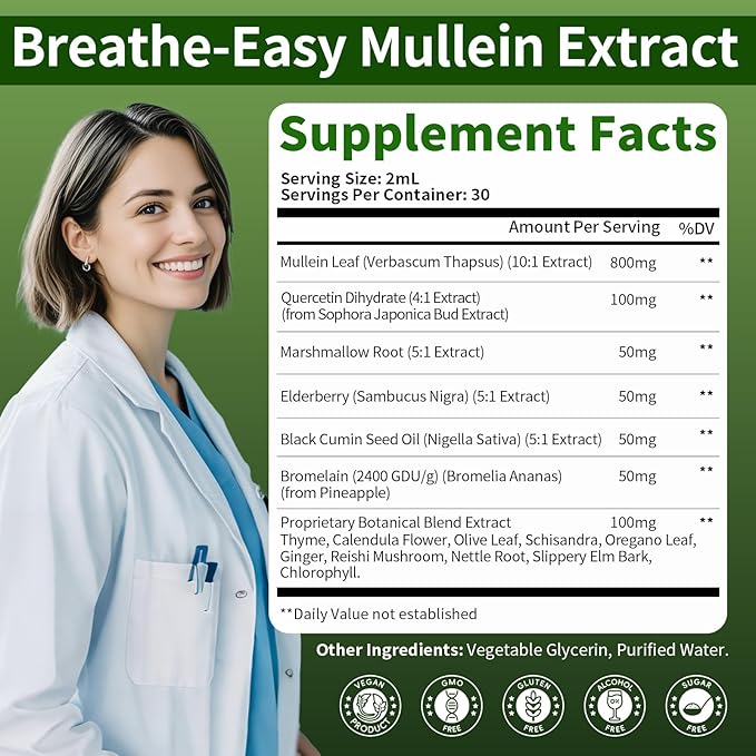 (2 Pack) Mullein Drops for Lungs, 16-in-1 Mullein Leaf Extract 800MG for Lung Cleanse, Respiratory, Immunity, with Quercetin, Marshmallow, Black Cumin Seed, Elderberry, Non-GMO, 2 Fl Oz