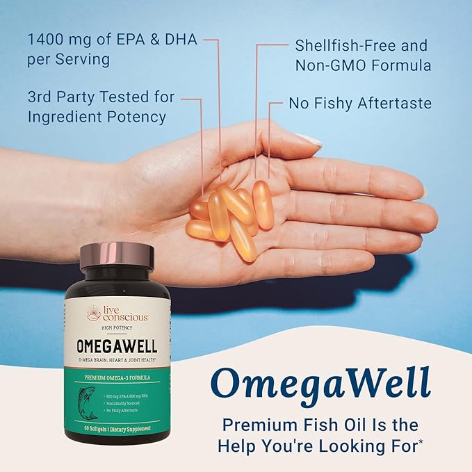 OmegaWell Omega 3 Fish Oil - 2000mg Capsules: Heart, Brain, & Joint Support - 800 mg EPA 600 mg DHA - Sustainably Sourced - Softgels - 30 Day Supply