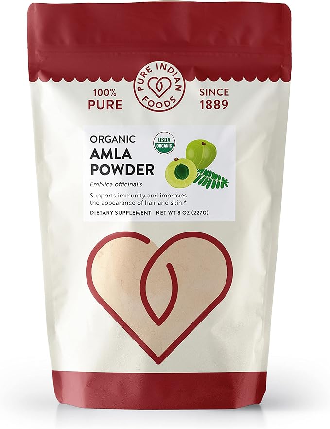 Pure Indian Foods Organic Amla Powder, 8 oz, Water-Soluble Amalaki, Ayurveda Dietary Supplement Dissolves Completely in Water, Perfect for Capsules