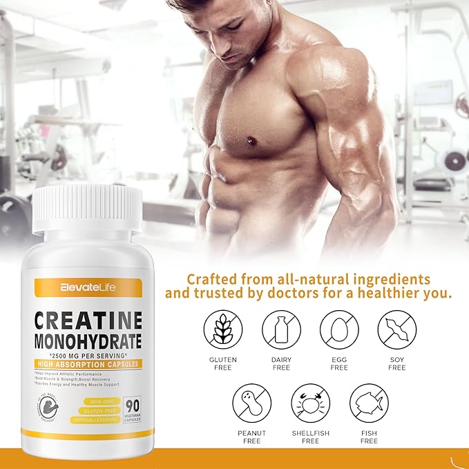 Creatine Monohydrate 2500mg, 180 Capsules - Gluten Free, Non-GMO