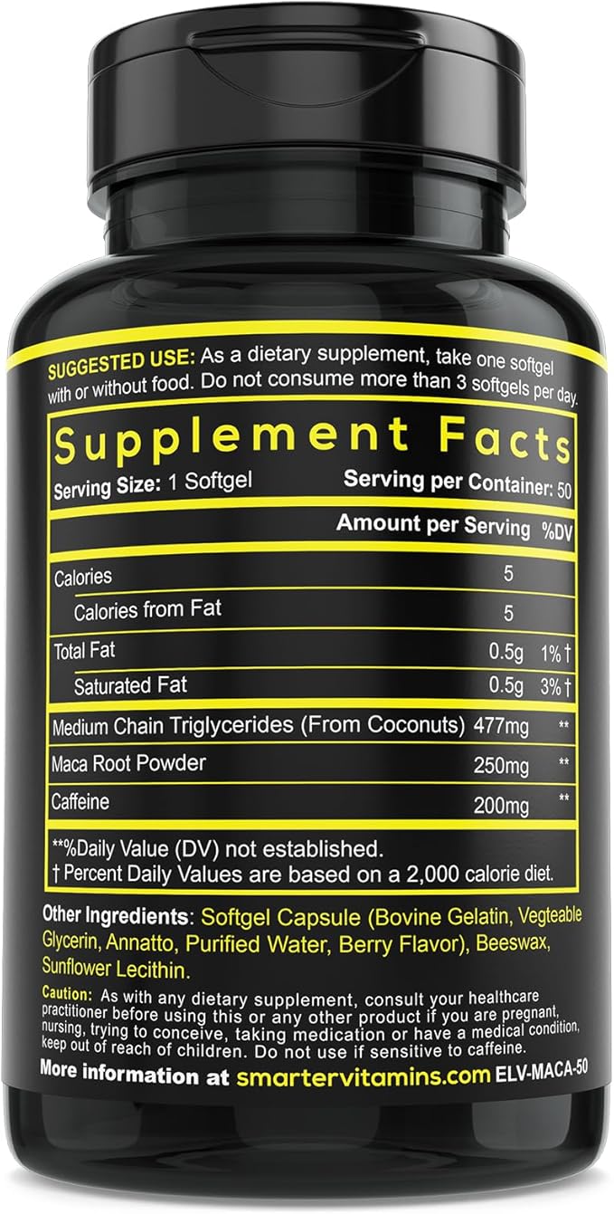 Smarter Energy Pills, 200mg Caffeine & Coconut MCT Oil with Maca Root, 50 Liquid Softgels