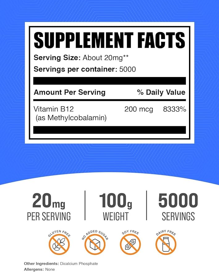 BulkSupplements.com Vitamin B12 Methylcobalamin Powder - 1% B12 Methylcobalamin, Essential B Vitamin - B12 Supplement, Gluten Free, 20mg per Serving, 100g (3.5 oz) (Pack of 1)