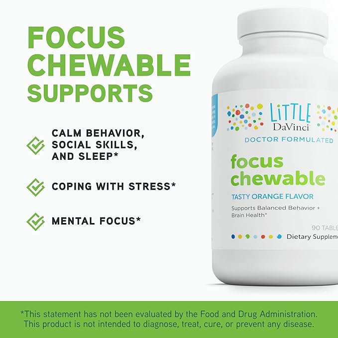DAVINCI Little Children’s Bundle: Calm (Fruit Punch, 1oz) & Focus Chewable (Orange, 90 Tabs) - Helps Support Brain Health & Sleep for Kids*