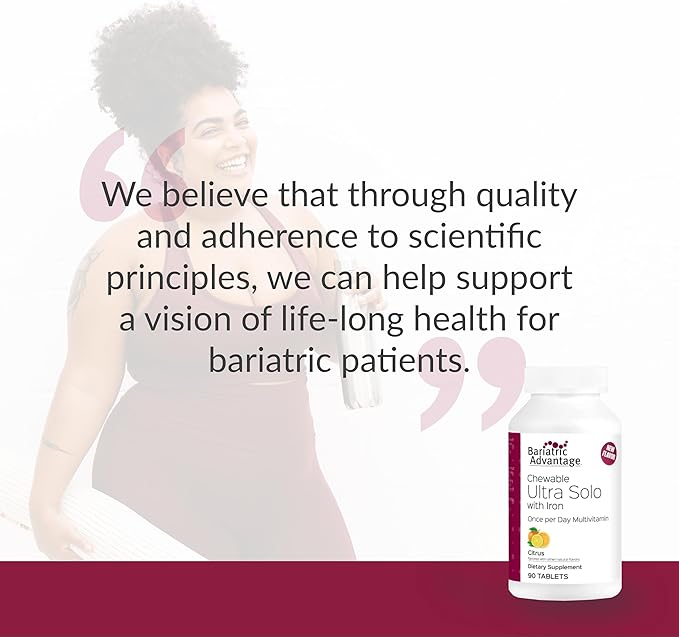 Bariatric Advantage Chewable Ultra Solo with Iron - Once-Per-Day Daily Multivitamin - for Patients - with Thiamin, Vitamin A & More - Gluten Free - Citrus - 90 Tablets