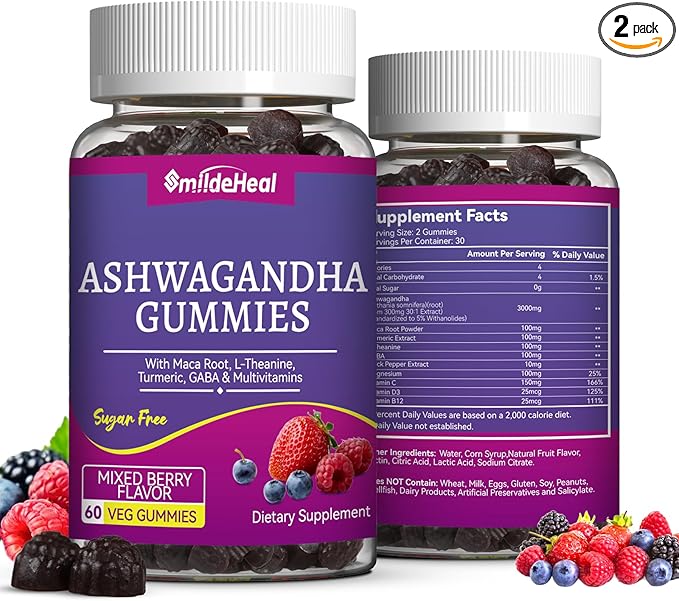 Ashwagandha Gummies 3000mg - Stress Relief & Increased Energy - Ashwagandha Supplements for Women & Men - Natural Mixed Berry Flavor (120 Count)