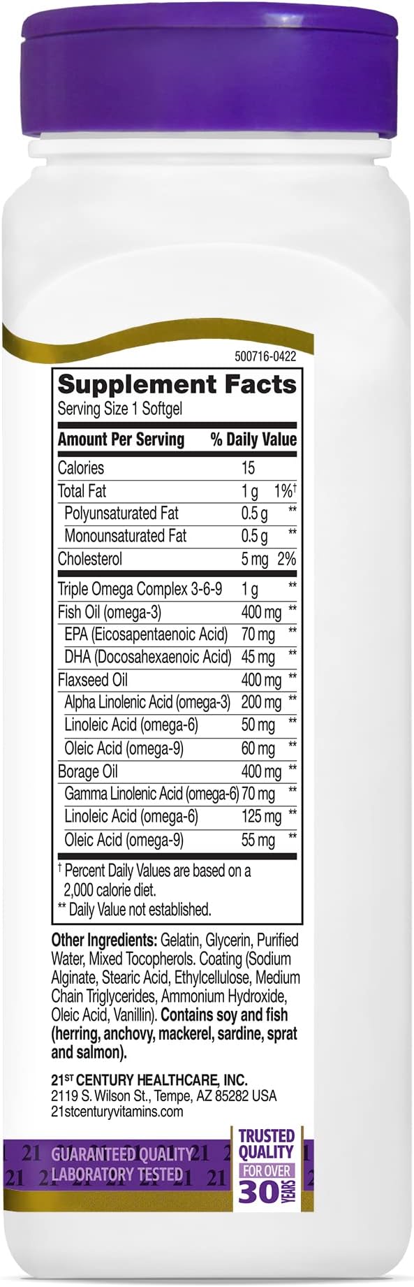 21st Century Vitamins Enteric Coated Triple Omega Complex 3-6-9, Reflux Free 90 Softgels, MTC22874X5