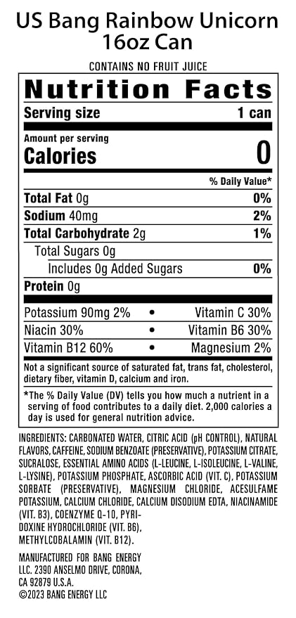 Bang Energy Rainbow Unicorn, Sugar-Free Energy Drink, 16 Fl Oz (Pack of 12) - Packaging May Vary
