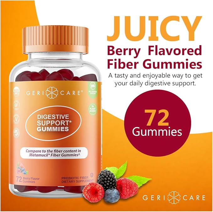 GeriCare Prebiotic Digestive Support Gummies – Berry Flavor, 72 Count, Plant-Based Fiber for Gut Health & Regularity, Non-GMO, Gluten-Free, Vegan, Fiber Supplement to Supports Regular Digestion