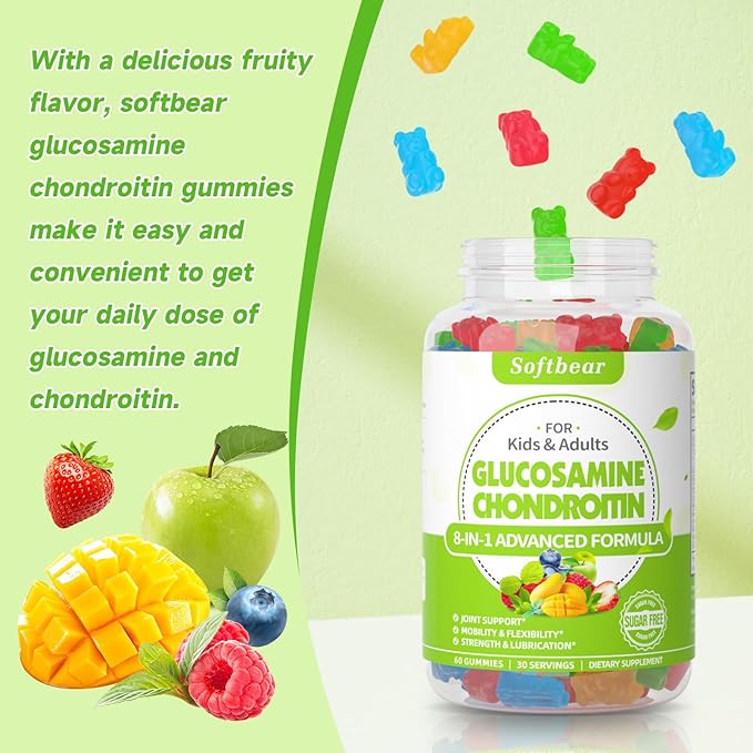 softbear Glucosamine Chondroitin Gummies with MSM Triple Strength, Organic Vegan Chondroitin & Glucosamine Nutritional Supplements for Joint Support Mixed Fruit Flavor 60 Gummies