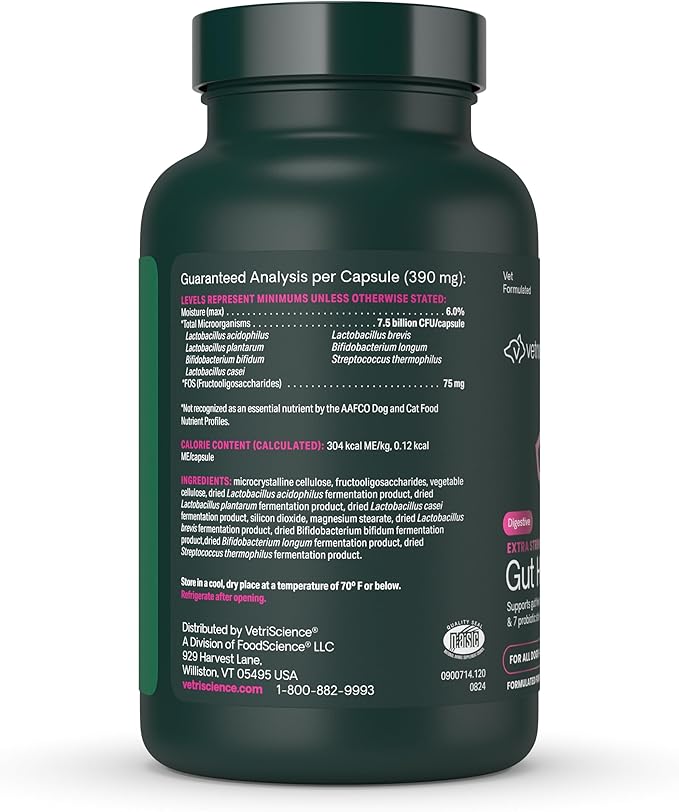 VetriScience Extra Strength Gut Health Probiotic & Prebiotic Digestive Supplements for Dogs & Cats, Gas & Diarrhea & Immune Support, Easy-Open Capsules, 120 Count - New Look
