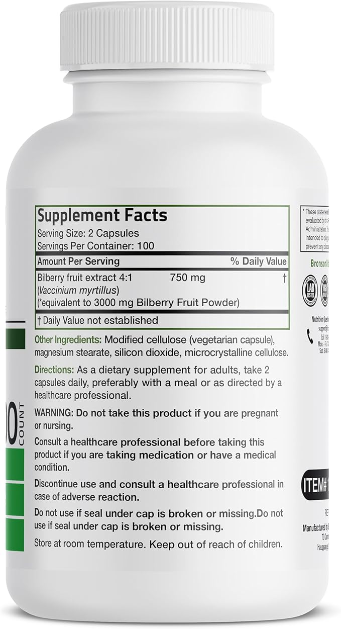 Bronson Bilberry Extra Strength Vaccinium Myrtillus, Promotes Eye Health and Supports Healthy Vision - Non GMO, 200 Vegetarian Capsules