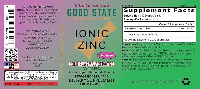 Cold Plasma-Activated Liquid Ionic Zinc Ultra Concentrate by Good State for Immune Support | No-GMO Pure Dietary Supplement | Vegan and Children Safe | 2 fl oz 118 Servings