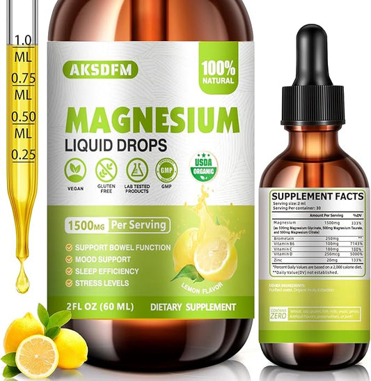 Magnesium Glycinate Liquid - 1500mg Maximized Absorption Magnesium Complex Supplement to Support Stress Relief, Night, Heart Health, Nerves and Muscles - Lemon Flavor (60ml)