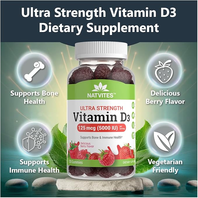 Ultra-Strength Vitamin D Gummies for Adults - D3 Vitamin 5000 IU (125mcg) Berry Flavored Supplement for Bone, Immune and Heart Health - Non-GMO, Gluten Free, Vegetarian, Nut and Dairy Free (120 Count)