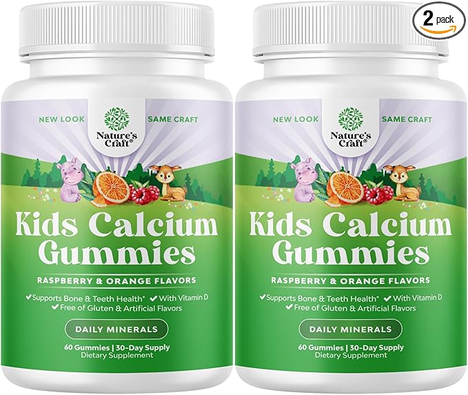 Natures Craft Tasty Kids Calcium Gummies - Vitamin D & Calcium Gummies for Children - Vitamin with & D for Muscle Bone Development Gelatin-Free Kosher Childrens 60ct (2 Pack)