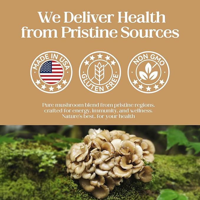 Mushrooms with Cordyceps, Lion's Mane, Shiitake Mushroom Complex for Energy, Immune Health, Brain Support & Overall Wellness | Non-GMO, Gluten-Free, 1300mg Per Serving, 60 Capsules