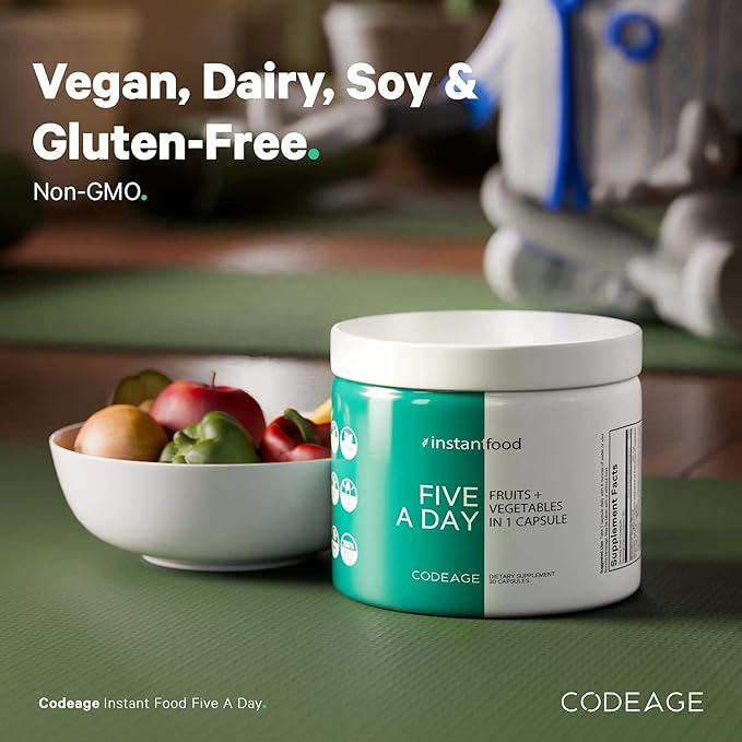 Codeage 5 Servings of Fruits & Veggies Equivalent in 1 Single Capsule - Whole Food Instantfood with 15 Greens & Fruits in All-in-One Pill, Eat Vegetables - Vegan Vitamins Supplement - Non-GMO - 30 ct