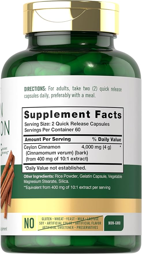 Carlyle Ceylon Cinnamon Capsules 4000 mg | 120 Count | Non-GMO & Gluten Free Supplement