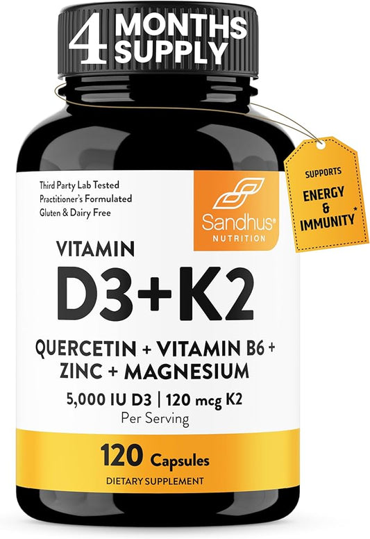 Vitamin D3 K2 5000 IU Capsules 120 Count | Magnesium, VIT B6, Zinc & Quercetin | 5000IU D3, 120 mcg K2 | Superior Absorption, Supports Natural Energy, Immune, Bone & Muscle Health | for Men & Women