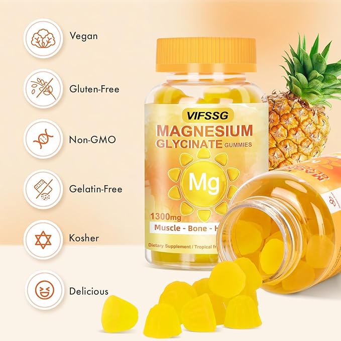 Magnesium Glycinate Gummies 500 Mg, Triple Magnesium Complex Sugar-Free Gummies with Malate 400 Mg, Citrate 400 Mg, Magnesium Supplement Chewable for Women & Men Vegan, Organic 60 Count