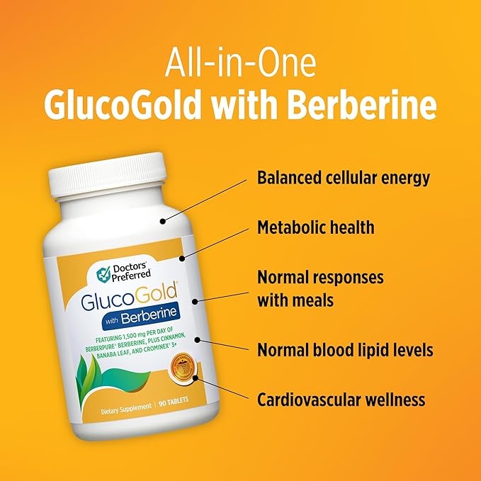 DOCTORS' PREFERRED GlucoGold with Berberine, Concentrated Cinnamon, Chromium, Banaba Leaf Extract (90 Tablets)
