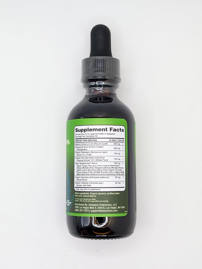 Clean Nutra Mullein Drops for Lungs Organic Chlorophyll Liquid Irish Sea Moss, Spirulina, Licorice, Tart Cherry Lobelia, Motherwort & Elderberry Mullein Leaf Extract Tincture Men Women Supplement