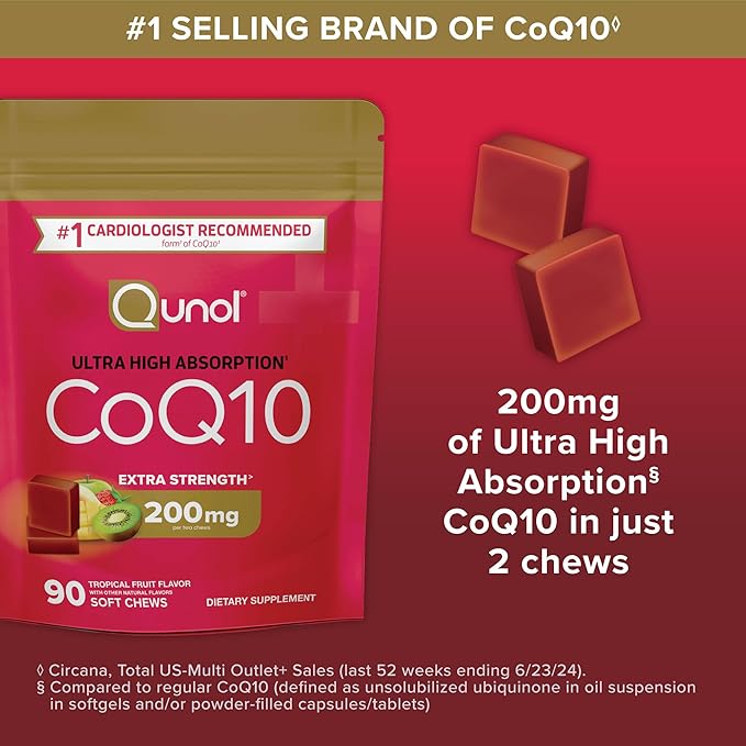 Qunol CoQ10 200mg Soft Chews, Extra Strength & Ultra High Absorption Coenzyme Q10 Supplement, #1 Cardiologist Recommended Supplement for Heart Health, 90 Count